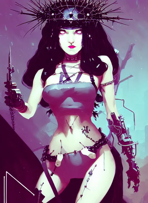 Prompt: portrait of cute goth maiden girl with crown of thorns in cyber bikini armor, warhammer, cyberpunk, by atey ghailan, by greg rutkowski, by greg tocchini, by james gilleard, by joe fenton, by kaethe butcher, dynamic lighting, gradient light blue, brown, blonde cream and white color in scheme, grunge aesthetic