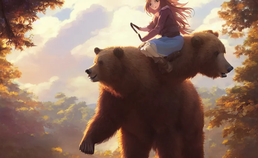 Image similar to a girl riding a grizzly bear, full shot, atmospheric lighting, detailed faces, by makoto shinkai, stanley artgerm lau, wlop, rossdraws