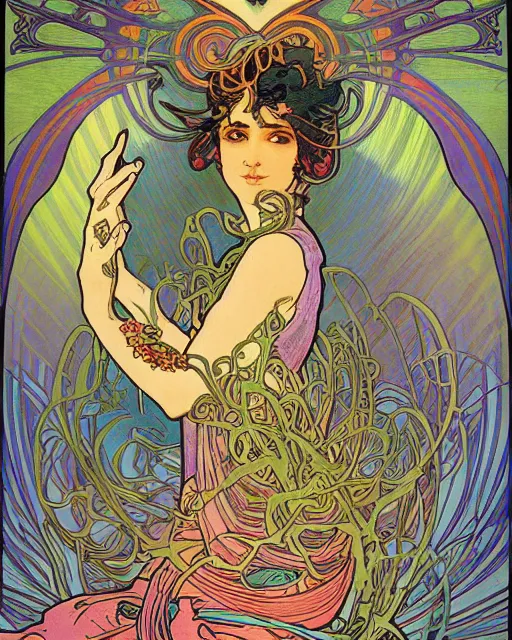 Image similar to psychedelic exotic flowers on a mysterious planet by Alphonse Mucha, Moebius, hiroshi yoshida, Art Nouveau, colorful, ultradetailed, vivid colour, 3d