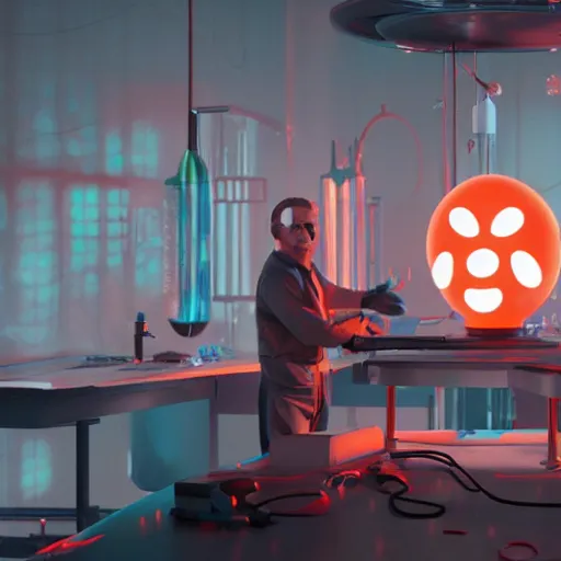 Image similar to render of mechanics repairing 3 d mickey mouse head in science lab, behind is glowing red netflix logo, made by beeple, cgsociety, unreal engine, octane render, greg rutkowski, alphonse mucha, cinematic lighting, dark room, low light, sharp focus, 4 k highly detailed art