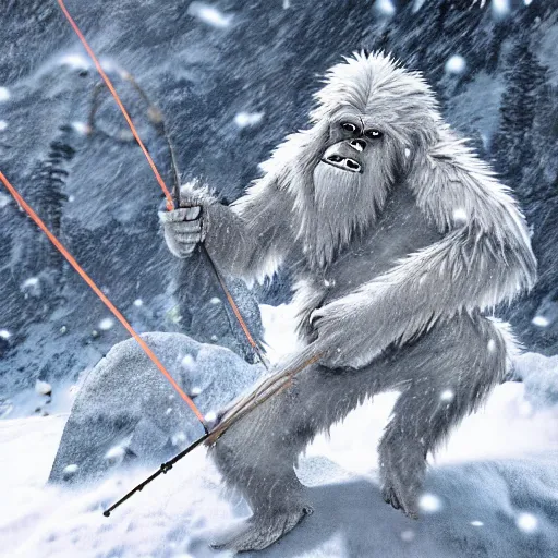 Prompt: a high detailed realistic photo of a yeti archers hunting mountain goats in a blizzard