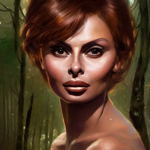 Prompt: closeup portrait of a young sophia loren, elf ears, forest background, megacity, high fantasy, dramatic light, gorgeous view, depth, high detail, digital art, painted by greg rutkowski, trending on artstation