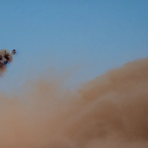 Prompt: bingus flying through the sandstorm in 4 k definition