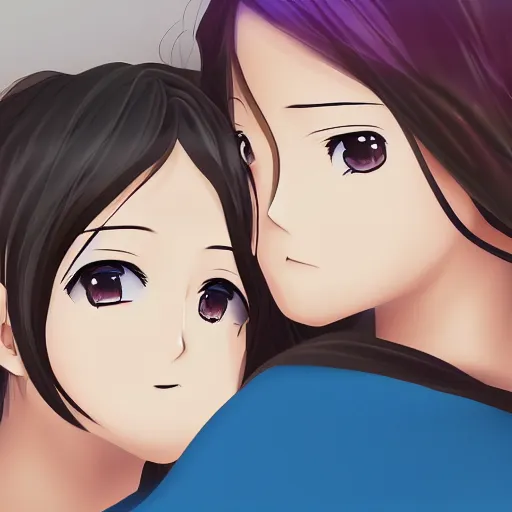 Image similar to digital anime art, two girls cuddling together on bed