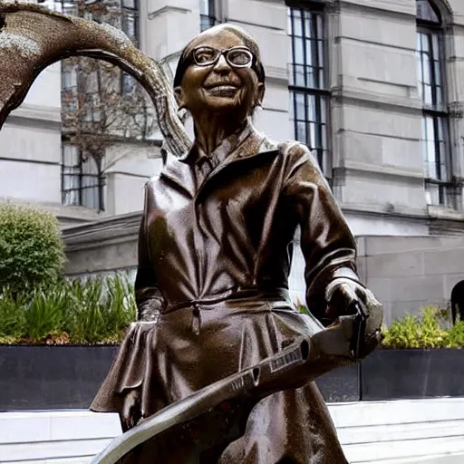 Image similar to bronze statue of Ruth Bader Ginsburg holding a chainsaw over her head