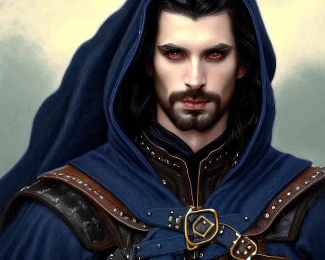 Prompt: handsome male face portrait, long black hair blue eyes wearing leather mantle gothic navy cloak with leather details, cliffside town, fantasy character portrait, ultrarealistic, intricate details, elegant, cinematic lighting, highly detailed, artstation, d & d art, cgsociety, sharp focus, beautiful digital painting by artgerm, gerald brom, wlop, alphonse mucha