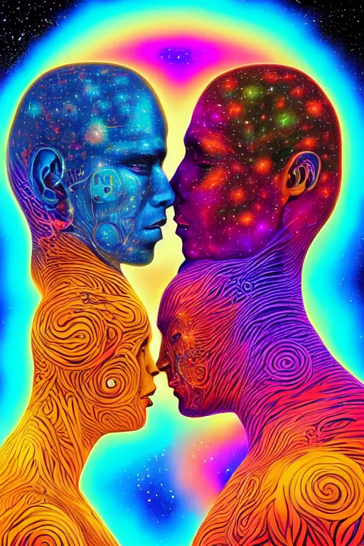 Prompt: A psychedelic silhouette of a two human bodies embracing one another and staring into each others eyes filled with the universe, planets, stars and galaxies in the style of Alex Grey, highly detailed, digital painting, HDRI, vivid colors, high contrast, 8k resolution, intricate, photorealistic, smooth