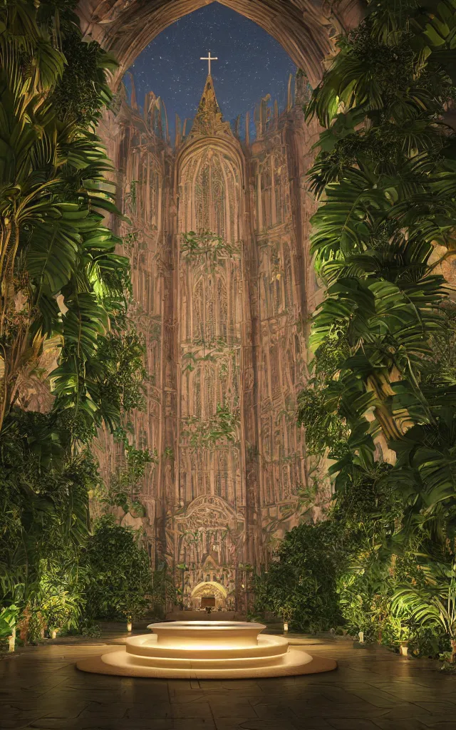 Prompt: cathedral interior at night with koi pond in the middle surrounded by palm trees, ivy, flowers, tropical plants, roses, and with archways, rendered in octane render with photorealistic lighting, cinematic, horizontal symmetry, stars in the sky, baroque, sanctuary, unsplash contest winner, maximalism, sanctuary