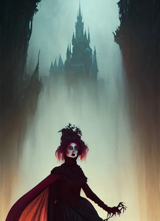 Image similar to beautiful, jim carrey as a vampire, extreme blood, vampire fangs, medieval dress. witch, makeup. unreal engine, greg rutkowski, loish, rhads, beeple, tom bagshaw, alphonse mucha, global illumination, detailed and intricate environment