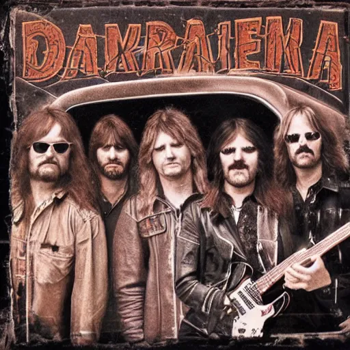 Prompt: photorealistic album cover for a rock band that was cool in the 1 9 7 0 s but is now way past their prime, a bunch of grungy old - looking guys with guitars and very long hair, has - beens who smoke too many cigarettes, matte painting background, ornate lettering for the name of the band