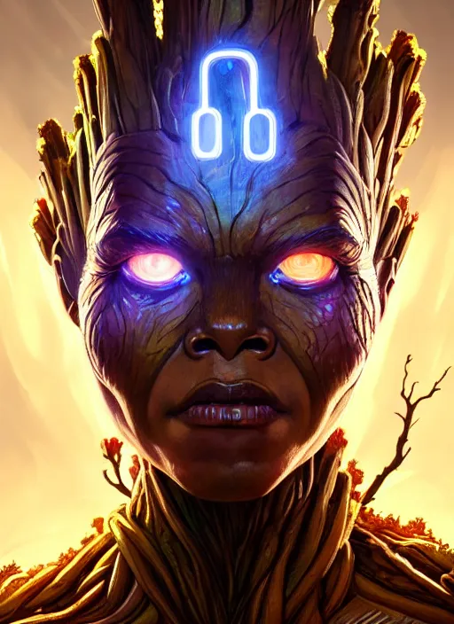 Image similar to portrait of apex legends groot, intricate, elegant, glowing lights, highly detailed, digital painting, artstation, glamor pose, concept art, smooth, sharp focus, illustration, art by artgerm and greg rutkowski, artey freytag