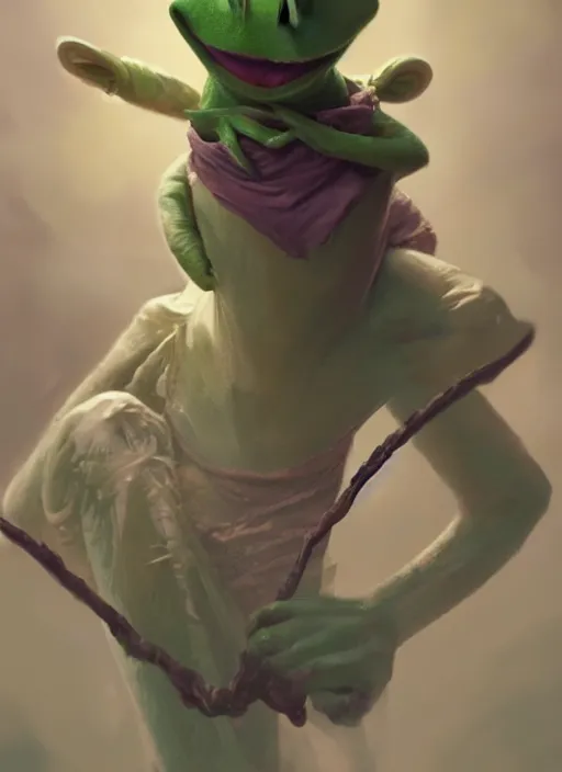 Image similar to a Photorealistic dramatic hyperrealistic render of a beautiful Kermit the Frog by WLOP,Artgerm,Greg Rutkowski,Alphonse Mucha, Beautiful dynamic dramatic dark moody lighting,shadows,cinematic atmosphere,Artstation,concept design art,Octane render,8K