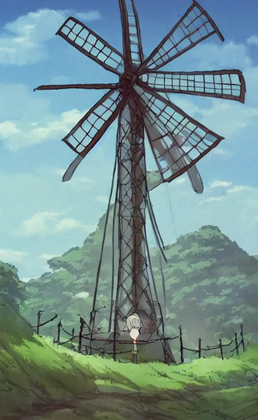 Prompt: a cartoon character is standing in front of a windmillt, concept art by hayao miyazaki, featured on pixiv, fantasy art, official art, 2 d game art, concept art