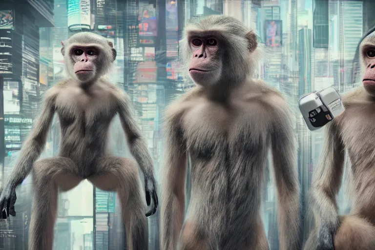 Image similar to Contamporary art fashion photography of ultra mega super hyper realistic detailed group of ultra mega super hyper realistic detailed monkey's in cyberpunk suits by Hiromasa Ogura . Photo shot from 30m distance on ultra mega super hyper Leica Q2 Camera, Rendered in VRAY and DaVinci Resolve and MAXWELL and LUMION 3D