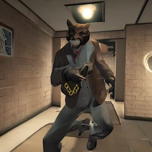 Image similar to Screenshot from the PC game Payday: The Heist demonstrating the fursuit unlock