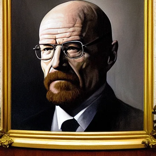 Prompt: president walter white, walter white presidential portrait, oval office painting. official portrait, painting by gibbs - coolidge. oil on canvas, wet - on - wet technique, underpainting, grisaille, realistic. restored face.