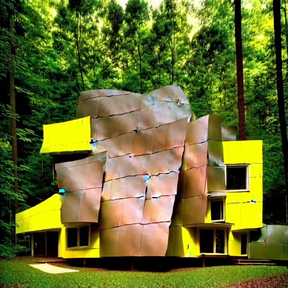 Image similar to a flat horizontal mid-century modern house with big tiles in a forest, designed by Frank Gehry. Film grain, cinematic, yellow hue