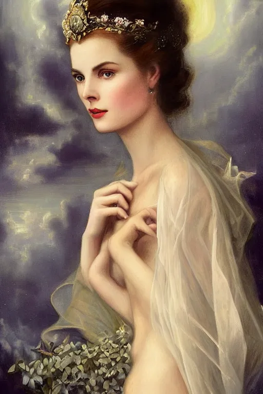 Prompt: a young and extremely beautiful grace kelly infected by night by tom bagshaw in the style of a modern gaston bussiere, art nouveau, art deco, surrealism. extremely lush detail. melancholic scene infected by night. perfect composition and lighting. profoundly surreal. high - contrast lush surrealistic photorealism. sultry and mischievous expression on her face.