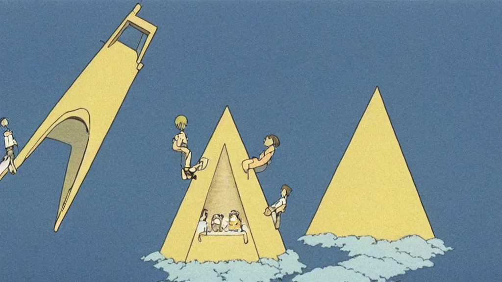 Prompt: a movie still from a studio ghibli film showing a large white pyramid and a golden ufo in the middle of the ocean. by studio ghibli