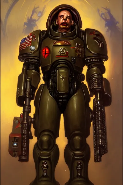 Image similar to character portrait cyberpunk starcraft terran warhammer 4 0 k space marine tech priest steve buscemi, character design, painting by gaston bussiere, katsuya terada, frank frazetta, tom of finland, trending on artstation