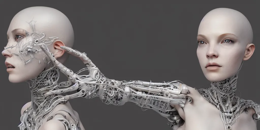 Image similar to photorealistic, gorgeous symmetrical female cyborg, holding hands, lovingly holding highly detailed, synthetic creation, intricate, in the style of beth cavener, jin kagetsu, wlop, masterpiece, concept art, high key lighting, ambient lighting, octane render, 8 k, artstation
