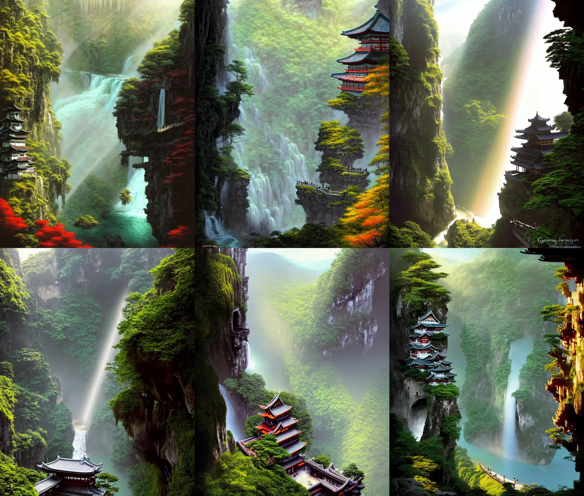 Prompt: establishing wide shot inside han son doong with waterfalls on either side of the cliff walls, at the top of the cliff is a japanese castle, a cloister is built into the cliff walls, an old suspension bridge spans the walls, sunny morning light, sunbeam, saturated colors, fantasy lighting, detailed digital concept art by greg rutkowski and gerald brom and james gurney