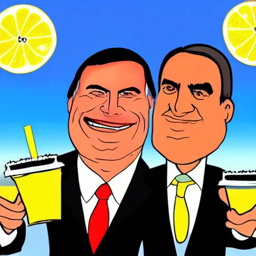 Image similar to cartoon drawing of Bolsonaro and Lula together drinking a lemon drink with Rio de Janeiro mountains on the background