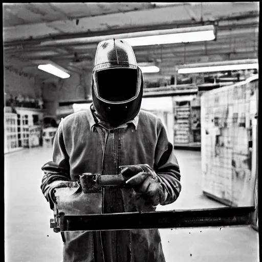 Image similar to welder in welding mask in an abandoned supermarket, by richard avedon, tri - x pan stock