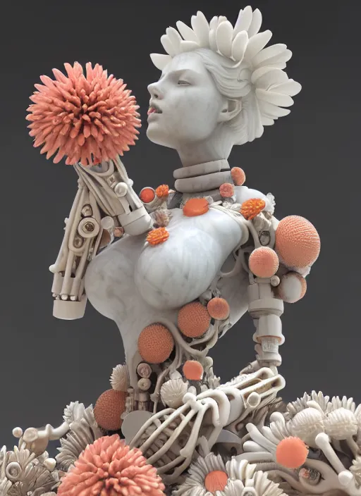 Image similar to beautiful marble statue made of biomechanical corals, daisies, well contoured smooth fair walls, carrying a bottle of perfume, up close shot, sharp focus, global illumination, radiant light, alexandre ferra white mecha, irakli nadar, octane highly render, 4 k, ultra hd,