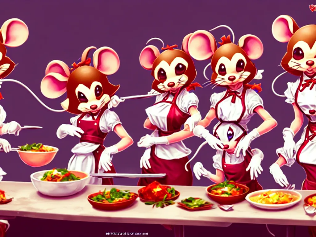 Image similar to a team of cute anthropomorphic mouse girl maids preparing dinner in the kitchen. league of legends splash art