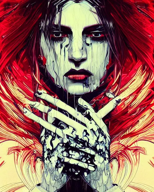 Image similar to glitch art close up portrait intense vampire, flowing hair, glitches, highly detailed, very intricate, graphical errors, art deco, glitch, chromatic aberration, harsh lighting, award - winning, unreal engine 5, illustration by mandy jurgens and alphonse mucha and yoji shinkawa, black and red only!!!, featured on artstation