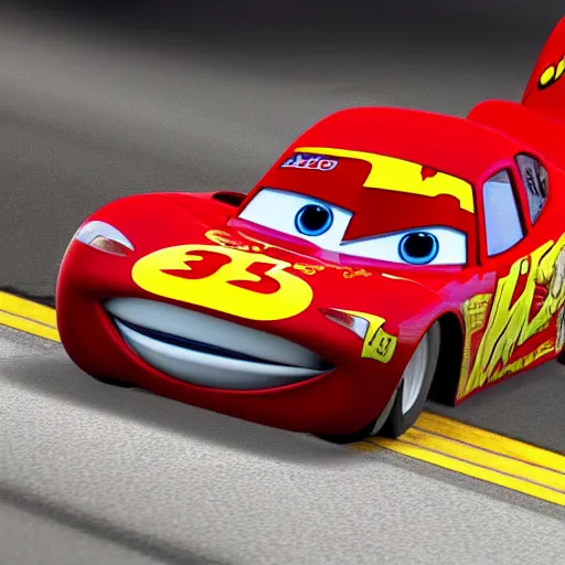 Image similar to lightning mcqueen after a fatal car accidend. rendered in 4 k with presto animation software.