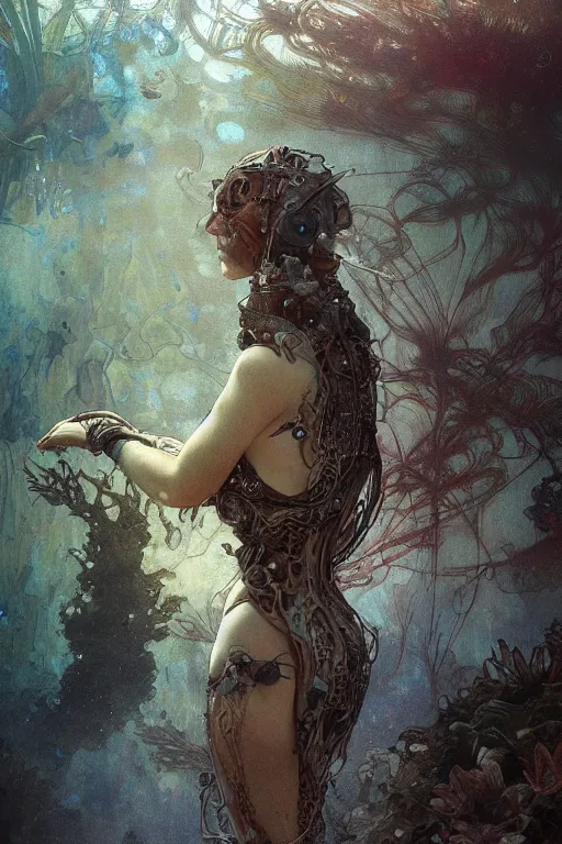 Image similar to a full body portrait of a beautiful post apocalyptic offworld neoicelandic biofarmer swimming by the fish tank, intricate, elegant, highly detailed, digital painting, artstation, concept art, smooth, sharp focus, illustration, art by krenz cushart and artem demura and alphonse mucha