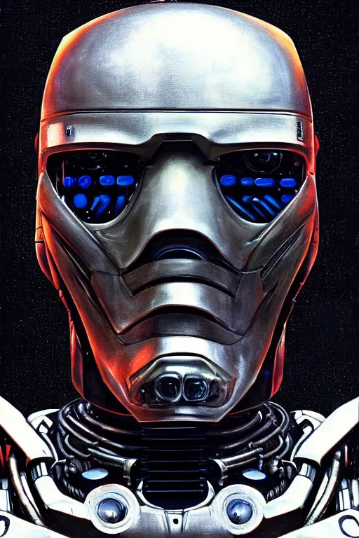 Image similar to an extremely high quality hd, a digital painting of a robocop ’ s face surrounded by mechanical parts, cyberpunk art by h. r. ( hans ruedi ) giger, featured on cgsociety, afrofuturism, circuitry, tesseract, dystopian art, 8 k, ultra realistic, very realistic