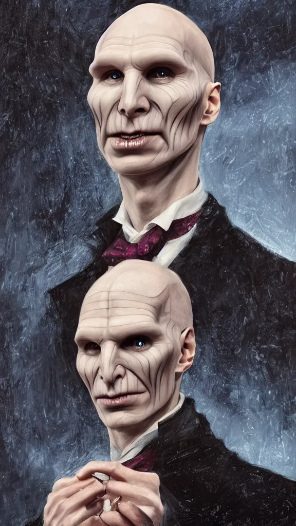 Image similar to a close - up portrait of lord voldemort, attending the yule ball. beautiful painting by jim kay. color harmony, 8 k detail, gallery quality, hd wallpaper, premium prints available, hyper - detailed, intricate design.