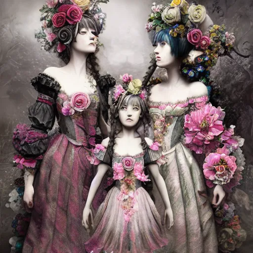 Prompt: 8k, octane render, realism, rococo, baroque, tonalism, renaissance, group of creepy young ladies wearing long harajuku manga dress with flowers and skulls, background chaotic flowers