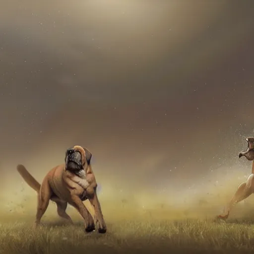 Prompt: - w 7 6 8 a boerboel mastiff, chasing a kangaroo, detailed, intricate, by jessica rossier