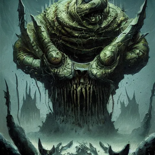 Image similar to the god nurgle by Schen Teng, asymmetrical, realistic painting, dark vibes, nightmare, geometric shapes, hard edges, synth wave, trending on the artstation:2 by Greg Rutkowski:4