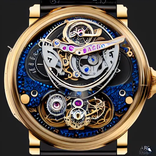 Image similar to a steampunk Jaquet Droz Skelet-One Tourbillon Only Watch reverse workings, highly detailed illustration highlights, gold and silver highlights, neon blue highlights, macro photography, F/2.8, trending on artstation, octane render