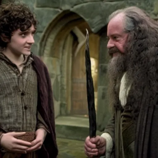 Image similar to frodo baggins meeting hagrid in hogwarts