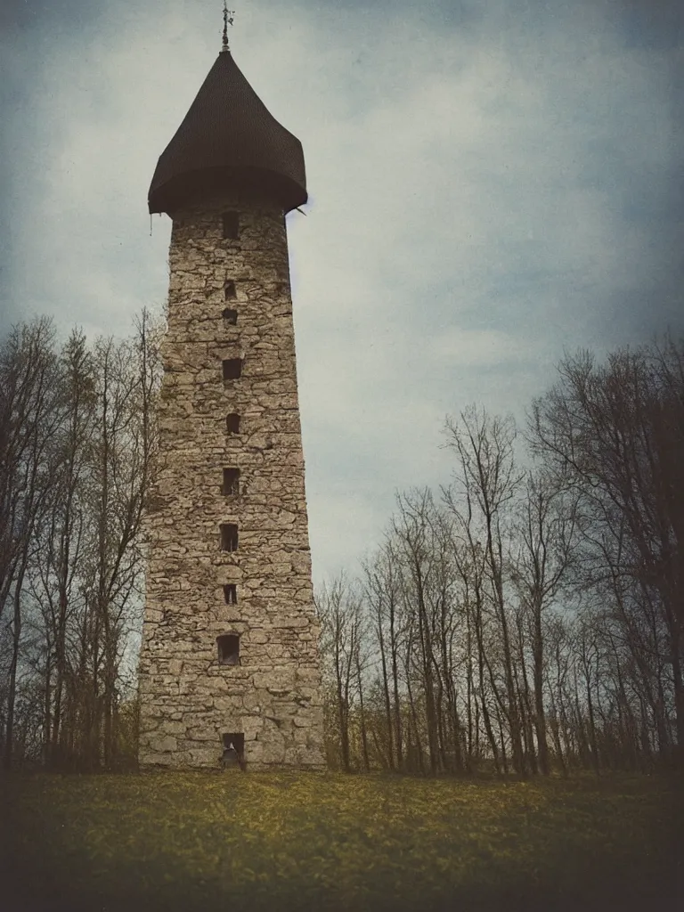 Prompt: Instax photo of a svan tower by Oleg Oprisco