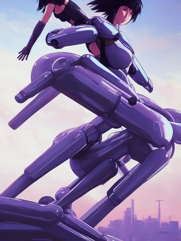 Image similar to a fullbody action still of motoko kusanagi riding on top of a tachikoma, the major ghost in the shell : : stand alone complex, under repairs, maintenance : : by ilya kuvshinov, rossdraws, artgerm, sola digital arts, anti aliasing, raytracing : :