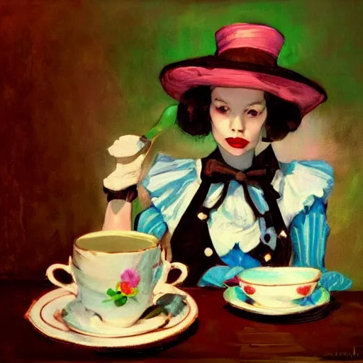 Prompt: tea time, Alice in Wonderland by Malcolm Liepke, hyper realism, 8k, trending on artstation