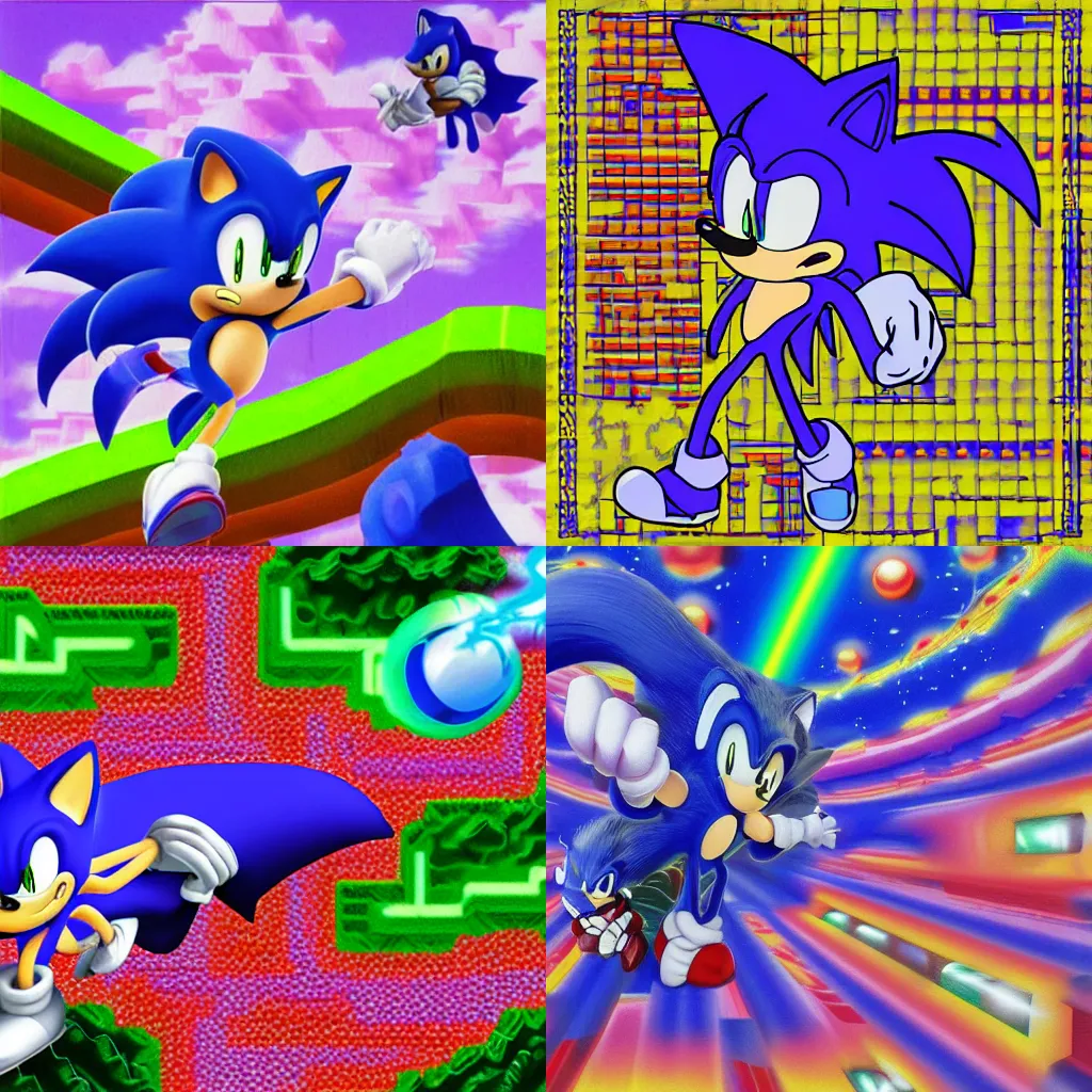 Prompt: sonic the hedgehog in a surreal, sharp, detailed professional, high quality airbrush vaporwave art MGMT album cover of a liquid dissolving LSD DMT sonic the hedgehog speeding through pixel lands, purple checkerboard background, 1990s 1992 Sega Genesis video game album cover sonic