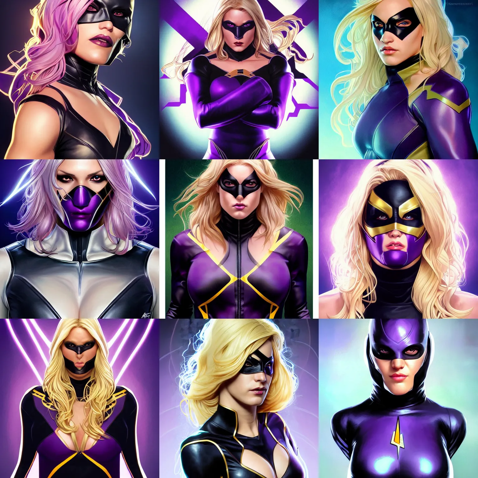 Prompt: character concept portrait, symmetrical head-on centralized, Black Canary, mask, blond, black and violet costume. Detailed, high quality, dynamic lightning, fantasy. Artwork by Artgerm, WLOP, Alex Ross, Greg Rutknowski, Alphonse Mucha