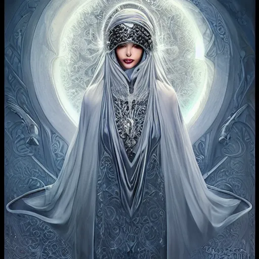 Image similar to a beautiful woman wearing a white niqab made of silver with jewelry and diamonds by alex gray and android jones, karol bak, ayami kojima, arabian, concept art, fantasy