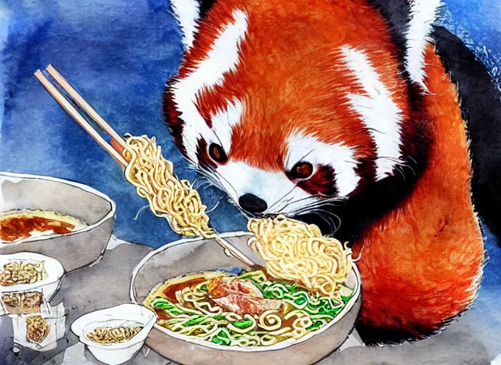 Prompt: red panda eating ramen noodles, water colour, by miyazaki, int he style of spirited away