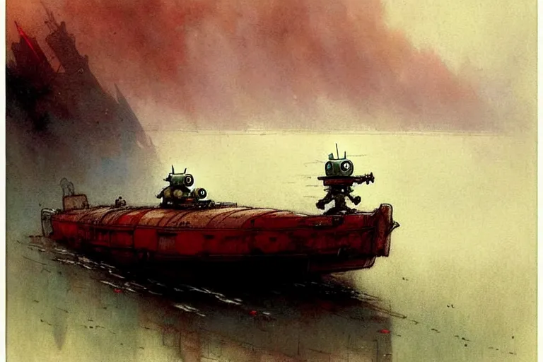 Image similar to adventurer ( ( ( ( ( 1 9 5 0 s retro future robot android mouse house boat tug boat calm stream. muted colors. ) ) ) ) ) by jean baptiste monge!!!!!!!!!!!!!!!!!!!!!!!!! chrome red