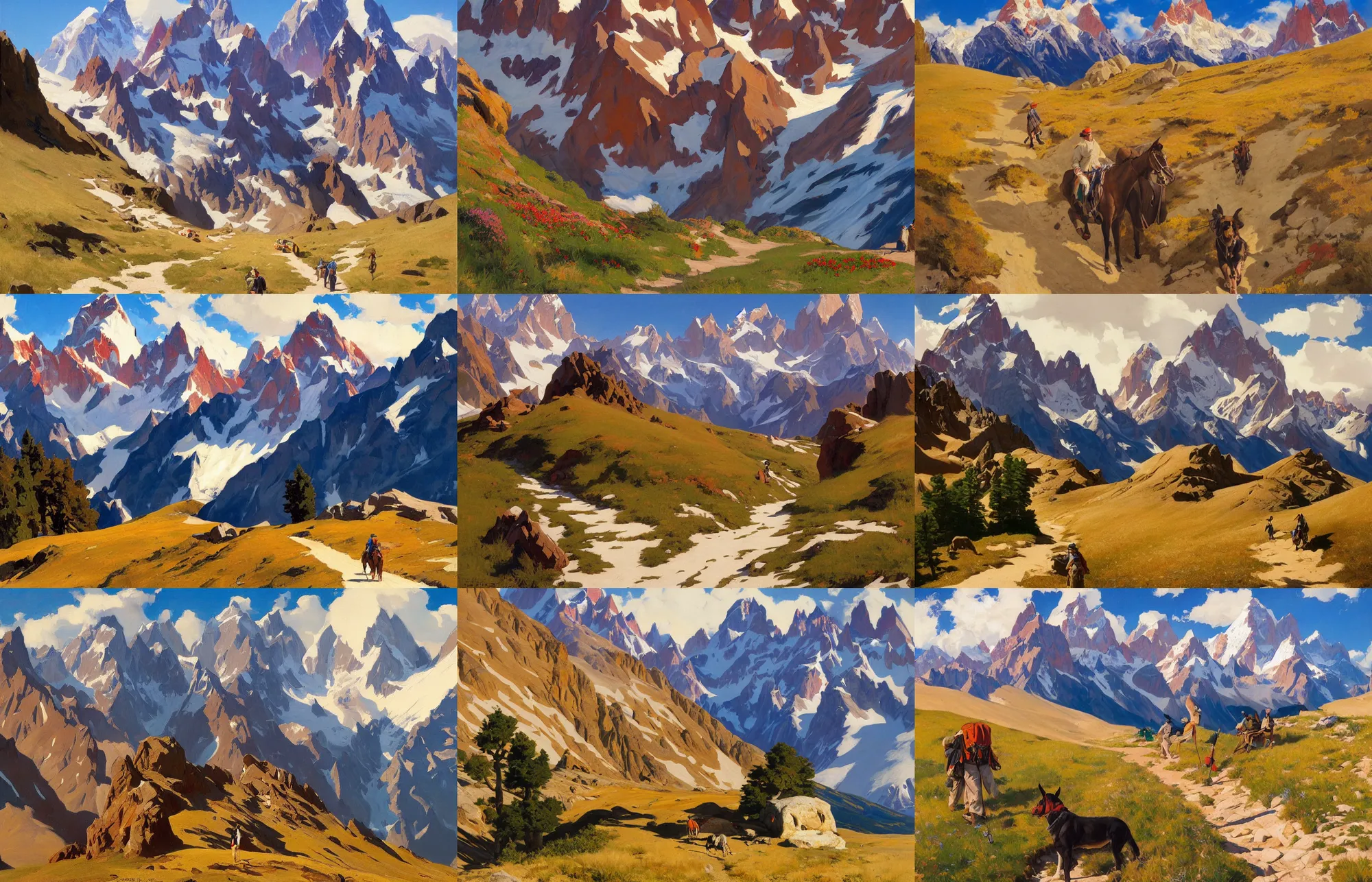 Prompt: painting by sargent and rhads and leyendecker and greg hildebrandt foothpath at indian summer with zugspitze fitz roy in background