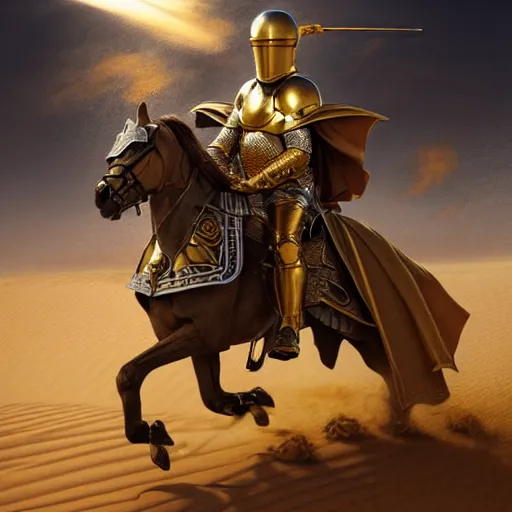 Prompt: Realistic photo of the king of the Desert in Battle, Knight with a golden helmet and a Silver Armour, Sand, Heroic Battle Scene, dark fantasy, intricate, cinematic lighting, highly detailed, digital art, trending on Artstation, 8k, photorealistic, art by Artgerm and Greg Rutkowski and Alphonse Mucha